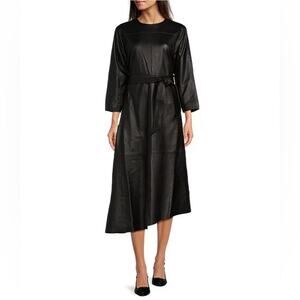 Le' AL.X Leather Dolman 3/4 Sleeve A-Line Asymmetrical Flounce Black Dress Sz S